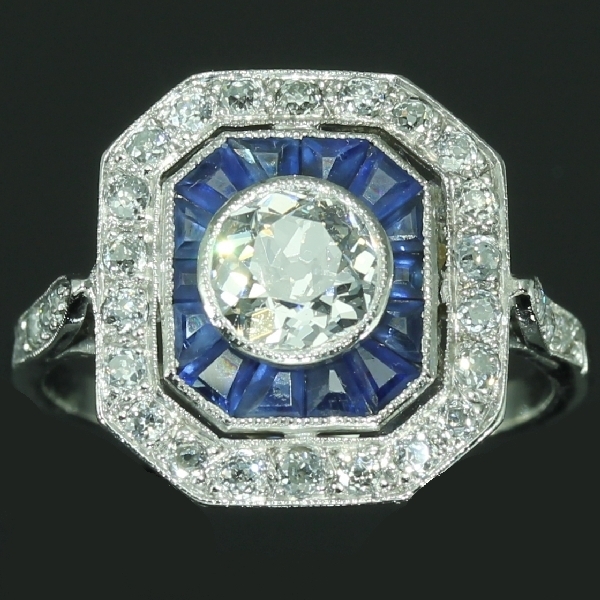 Vintage Blue Sapphire Diamond Engagement Ring Art Deco Jewelry